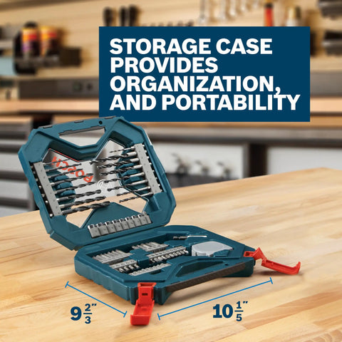 65-Piece Drilling And Driving Mixed Set with open storage case showing drill and driver bits on a wooden table.