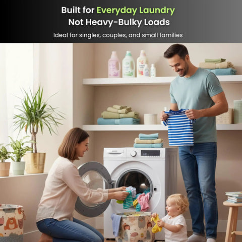 Killer Compact Washing Machine With 2.2 Cu Ft Auto Sense Water Level Detection 1400 Rpm Spin Fifteen Wash Cycles Led Panel And Sleek Titanium Frame For No Sweat Laundry Cleanup, in a modern laundry setting with a family.