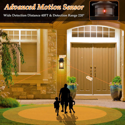 Two Pack Motion Sensor Outdoor Lights With Dusk To Dawn, Auto Modes, Retro Black Lantern illuminating porch with family