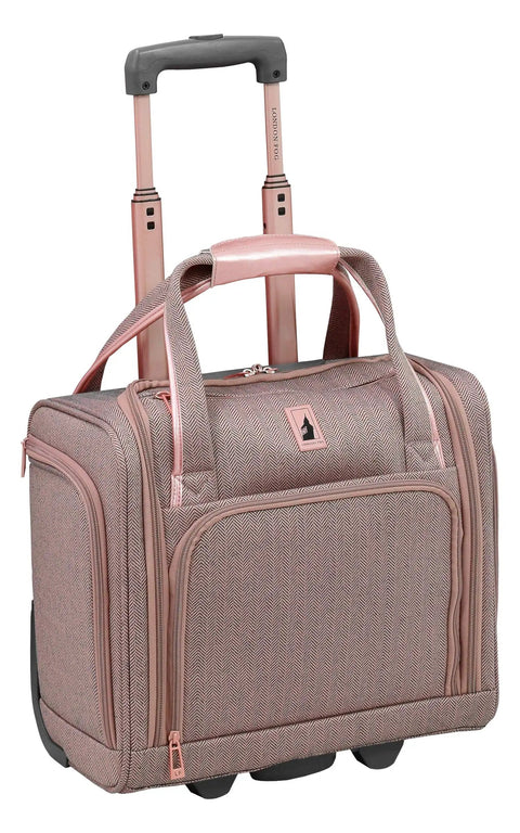 Newcastle 15-Inch Underseat Roller Luggage Carry-On, Rose Charcoal Herringbone, with telescoping handles and front pockets