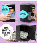 Hands using Electronic Piggy Bank For Kids With Passcode Lock And ATM Style Safe showing open vault with money inside.