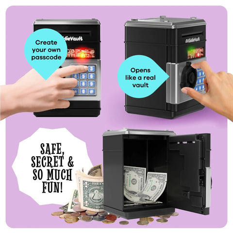 Hands using Electronic Piggy Bank For Kids With Passcode Lock And ATM Style Safe showing open vault with money inside.