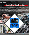 11 Piece Three Eighths Inch Drive Impact Socket Set With SAE Pipe Plug Sockets in use for auto and garage projects