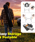 Man carrying folded Oversized Hammock Camping Chair With Footrest, Swing Rocker Design, against sunset, portable storage display.
