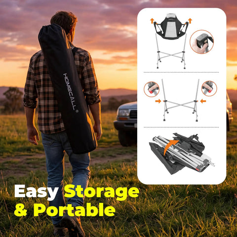 Man carrying folded Oversized Hammock Camping Chair With Footrest, Swing Rocker Design, against sunset, portable storage display.