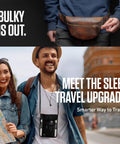 Couple using Stealthy Hidden Neck Wallet For Travel With RFID Blocking Passport Holder, slim and discreet design in public place.