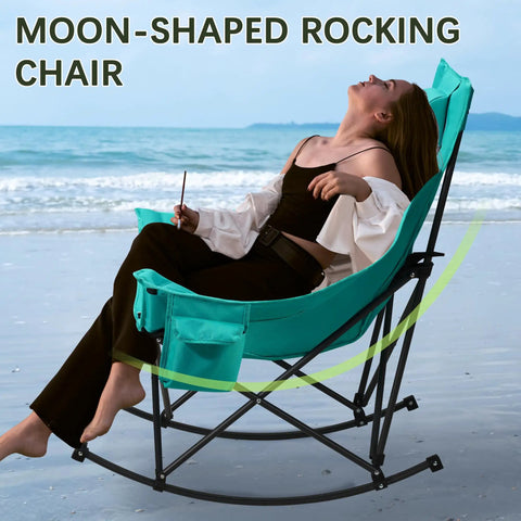 Woman relaxing in moon-shaped rocking chair on beach, similar style to oversized rocking camping chair with headrest and cup holder.
