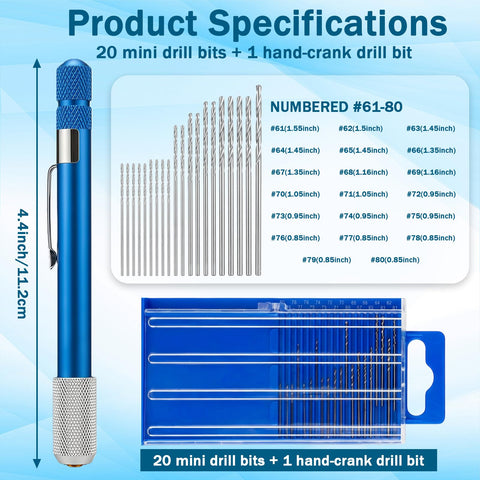 21 Piece Micro Drill Bit Set With Pin Vise Hand Twist Drill Bits 0.3mm To 1.0mm for Jewelry Making DIY, shown in compact case