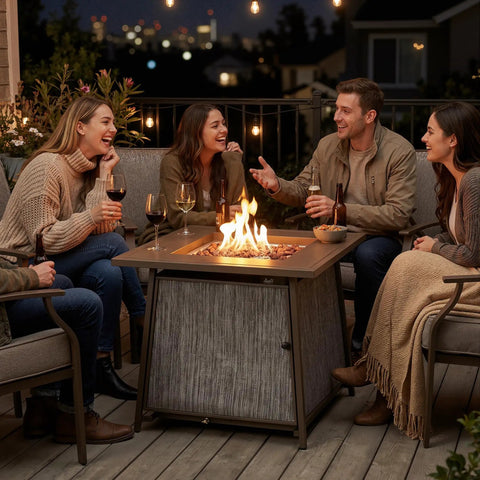 Group gathered around 50,000 BTU Propane Fire Pit Table, 28 Inch Square, 2 In 1 Outdoor Fire Pit With Lid, cozy evening setting.