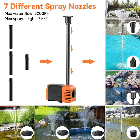 7 different spray nozzles for 20W Solar Water Pump Kit With 320GPH Flow 7 Sprayers 16.4Ft Cable And 6.6Ft Tubing