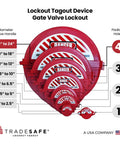 Heavy Duty Gate Valve Lockout Red Lockout Tagout Device for 18 to 24 Inch Valve Handles, OSHA Compliant, size chart display
