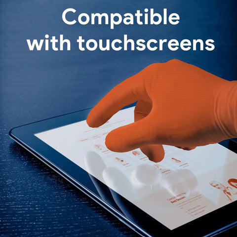 Built Tank Tough Heavy Duty 8 Mil Orange Nitrile Work Gloves Featuring A Diamond Textured Surface For Insane Grip And Maximum Puncture Protection In A Solid 50 Pack Perfect For Mechanics Who Want Real Deal Latex Free Gear Everyday using touchscreen on tablet.