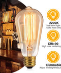 LED Edison Bulbs 60W Equivalent, E26 Base, Warm White, 6 Pack lit in a vintage style bar setting with features highlighted