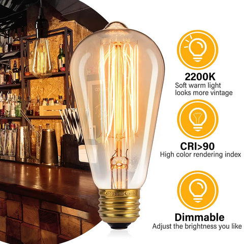 LED Edison Bulbs 60W Equivalent, E26 Base, Warm White, 6 Pack lit in a vintage style bar setting with features highlighted