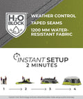 H2O Block technology with water-resistant fabric, instant setup instruction for Instant Cabin Tent for 9 People, Large Multi Room Shelter.