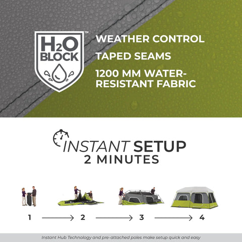 H2O Block technology with water-resistant fabric, instant setup instruction for Instant Cabin Tent for 9 People, Large Multi Room Shelter.