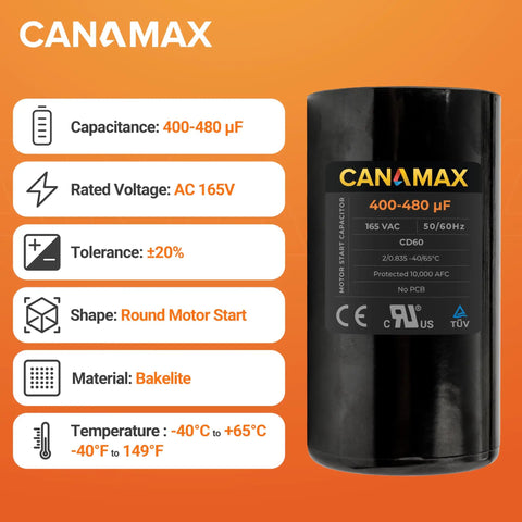 400 To 480 uF Round Motor Start Capacitor 165 VAC For Single Phase AC Motors Fifty Or Sixty Hertz Reliable Start Assist