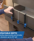 Person using Cabinet Hardware Jig Pro XL Flexible Full Length To Compact Setup for precise drawer pull installation.