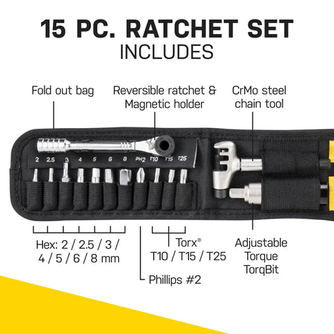 Ratchet Rocket Lite NTX Plus Bike Repair Multitool With 19 Functions showing tools, Allen and Torx bits, torque wrench in case