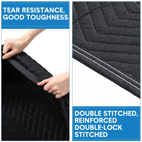 Close-up of 12 Pack Moving Blankets 72 By 40 Inches Heavy Duty Packing Pads Quilted Non Woven Furniture Covers detailing size and stitching