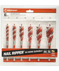 Six Piece High Speed Auger Bit Set 6.25 Inch With Tri-Flute And Triple Sharpened High Speed Steel For 20x Faster Cuts Nail Ripper Durable For Nail Embedded Wood Heavy Duty Auger Bits With Optimized Impact Zone Model CDSASET-6 in packaging