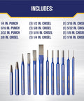 Chisel And Punch Set 12 Pack With Assorted Sizes One Piece Forged For Strength Hardened And Tempered For Long Life Powder Coated