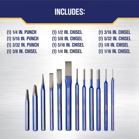 Chisel And Punch Set 12 Pack With Assorted Sizes One Piece Forged For Strength Hardened And Tempered For Long Life Powder Coated