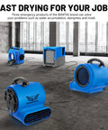 Three Beast Mode Air Mover Blower Fan One Half HP 2500 CFM on warehouse floor, emphasizing fast drying capabilities.