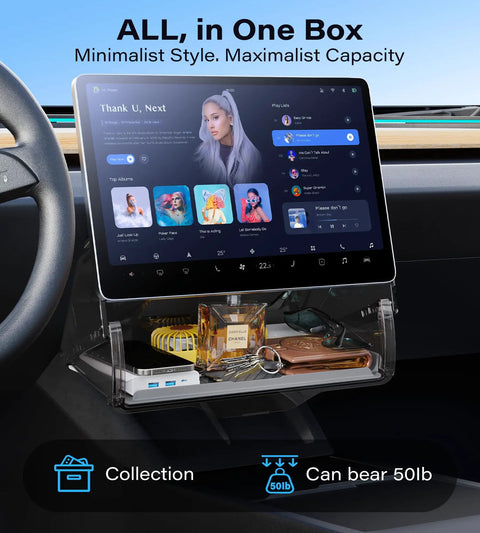 Under Screen Storage Box For Tesla Model Y And Model 3 Juniper And Highland Editions Magnetic Hidden Privacy Center Console Organizer 2019 2026 shown under screen with items inside