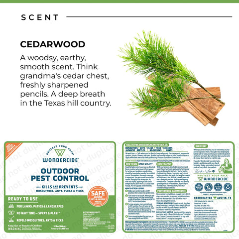 Natural Outdoor Pest Control Spray with cedarwood scent label showing ingredients and usage instructions, 32 oz