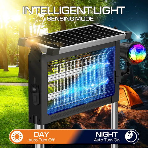 Outdoor Bug Zapper With Projector Lights For Patio And Garden 4500V Waterproof Mosquito Killer Dual Solar And USB Rechargeable Smart Dusk To Dawn Cordless Bug Killer For Backyard And Camping set up in a garden.