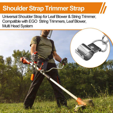 Man using Built Tough Shoulder Strap for Weed Trimmer and Leaf Blower Nylon Belt with Durable Metal Clip Compatible with Greenworks.