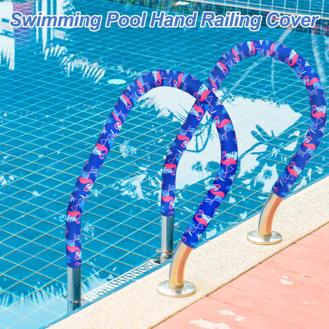 Sweet Grip Eight Foot Inground Pool Railing Cover With Rad Flamingo Palm Design Slip Resistant Handrail Grip Blue, installed on metal railings by the pool.