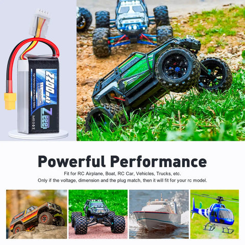 3S LiPo Battery 2200mAh 11.1V 50C Shorty Pack With XT60 Plug shown with RC models in action