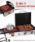 Three Burner Propane Grill And Griddle Combo With Lid, 29,000 BTU Output, showing grill, griddle, and boiling pot areas.