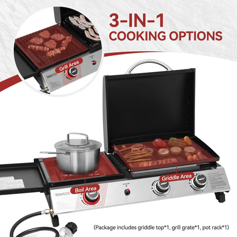 Three Burner Propane Grill And Griddle Combo With Lid, 29,000 BTU Output, showing grill, griddle, and boiling pot areas.
