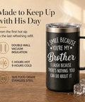 Bro Approved 20oz Stainless Steel Insulated Coffee Mug With Sweet Quote, matte black finish with steam, on a wooden table.