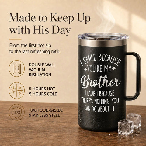 Bro Approved 20oz Stainless Steel Insulated Coffee Mug With Sweet Quote, matte black finish with steam, on a wooden table.