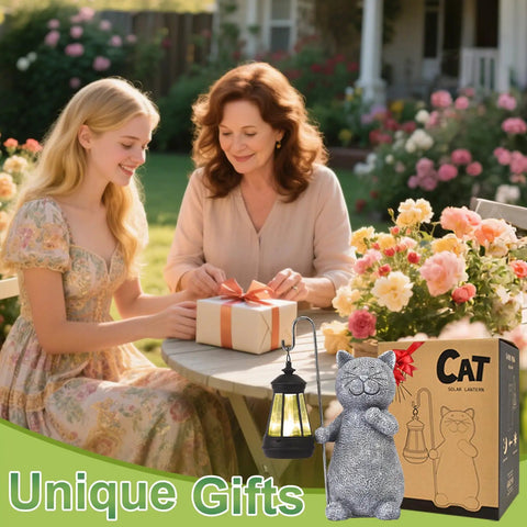 Mother and daughter exchanging gifts with Solar Powered Cat Garden Statue With Warm Glow Lantern beside them