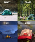Collage of tents on sandy, grassy, icy, and rocky terrains; suitable for 8 Inch Heavy Duty Screw In Tent Stakes 12 Pack with Hex Socket.