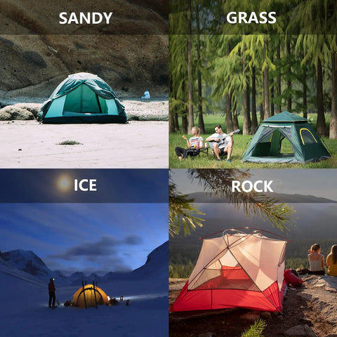 Collage of tents on sandy, grassy, icy, and rocky terrains; suitable for 8 Inch Heavy Duty Screw In Tent Stakes 12 Pack with Hex Socket.