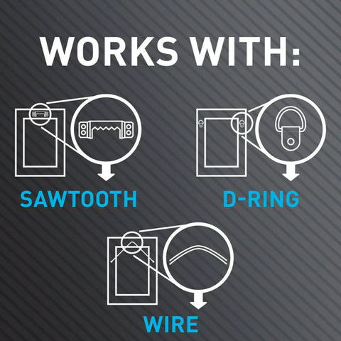 Illustration showing compatibility of Claw 15 Lb Drywall Picture Hanger Pack With Spot Markers with sawtooth, D-ring, and wire hangers.