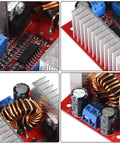 Heavy Duty DC Step Up Boost Converter Pair with Aluminum Heatsinks and Voltage Adjustment Terminals.