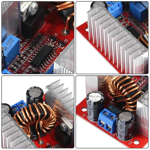 Heavy Duty DC Step Up Boost Converter Pair with Aluminum Heatsinks and Voltage Adjustment Terminals.