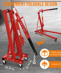 Rock Solid Heavy Duty Folding Engine Hoist 2 Ton 4400 Lbs Hydraulic Tilting Shop Crane with foldable design and six swivel casters.