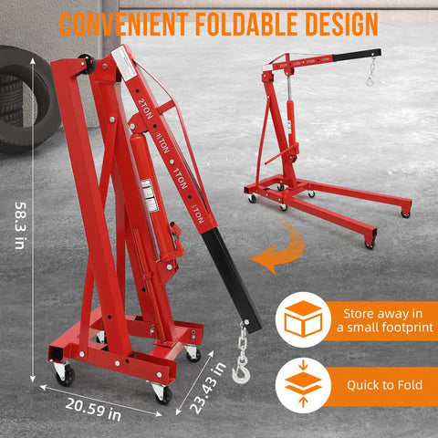 Rock Solid Heavy Duty Folding Engine Hoist 2 Ton 4400 Lbs Hydraulic Tilting Shop Crane with foldable design and six swivel casters.