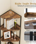 Industrial 4 Tier Corner Shelf With Cabinet Doors And Metal Frame Freestanding Brown Bookcase close-up corner view