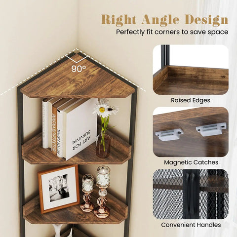 Industrial 4 Tier Corner Shelf With Cabinet Doors And Metal Frame Freestanding Brown Bookcase close-up corner view