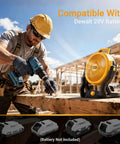 Cordless Jobsite Fan With 750 CFM, Battery Powered Portable Shop Fan, Brushless Motor, includes AC Adapter, shown on worksite