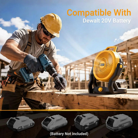 Cordless Jobsite Fan With 750 CFM, Battery Powered Portable Shop Fan, Brushless Motor, includes AC Adapter, shown on worksite